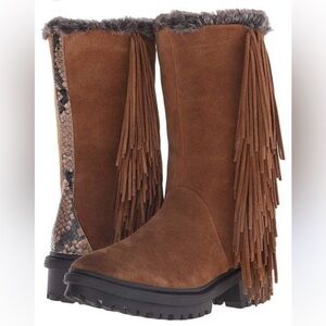 Sam Edelman Tilden Faux Fur Fringe Boots – Chestnut Suede w/ Snakeskin Trim